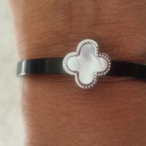 Black Stainless Steel Bracelet white clover